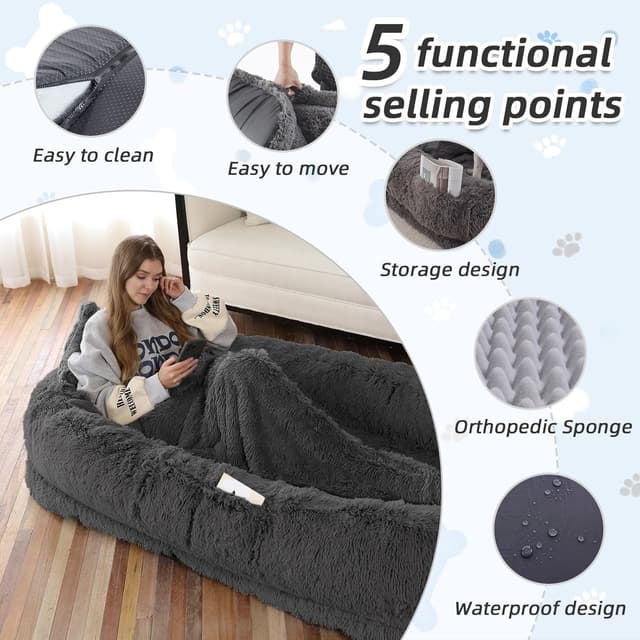 Detalle de WROS Human Dog Bed (71''x45''x12'') Washable Faux Fur Pet Bed for People, Dark Grey