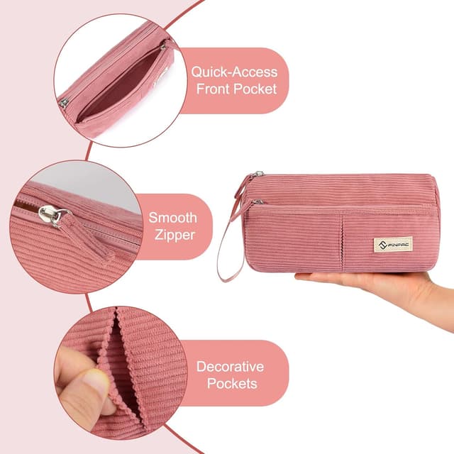 Detalle de FINPAC Trousse scolaire en velours côtelé avec poche zippée et dragonne (rose)