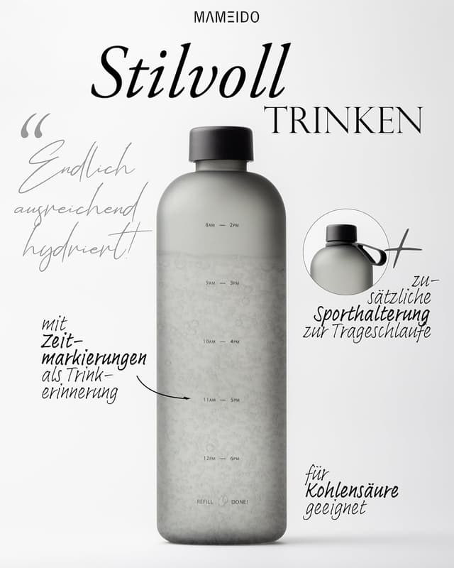 Detalle de MAMEIDO Trinkflasche mit Zeitmarkierung, 1,5 l – BPA-frei, auslaufsicher und kohlensäuregeeignet (Carbon Grey)