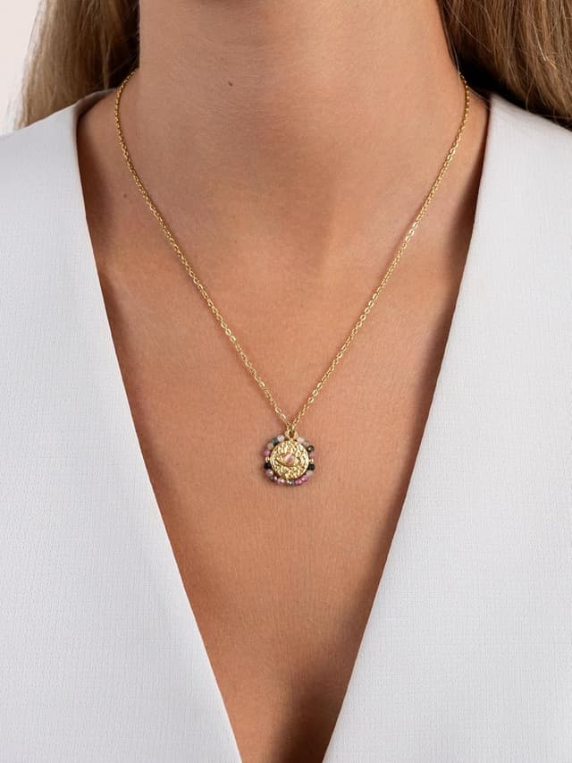 Thumbnail 1 de SINGULARU - Collar Medallion Stones Eye. Acero con Acabado en Baño de Oro de 18Kt. Cadena con Medallón Largo Ajustable. Joyas para Mujer