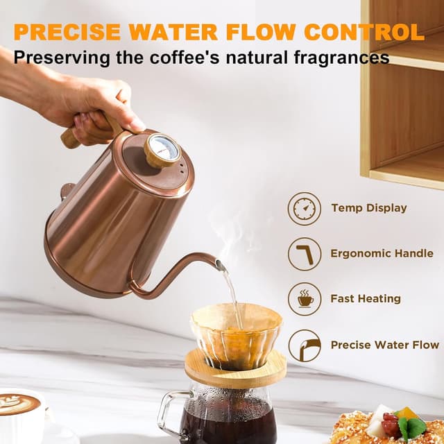 Detalle de Nueve&Five Gooseneck Electric Kettle with Thermometer (Copper tea kettle style) — 1000W Stainless Steel