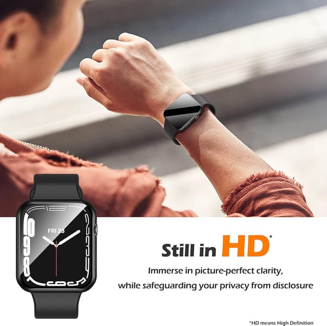 Detalle 2 de Misxi 2-Pack All-around Privacy PC Case for Apple Watch Series 9/8/7 45mm with Tempered Glass Protector, Black