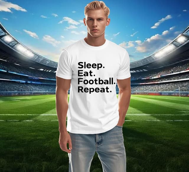 Detalle de Qskall men’s “Sleep. Eat. Football. Repeat.” football slogan T-shirt