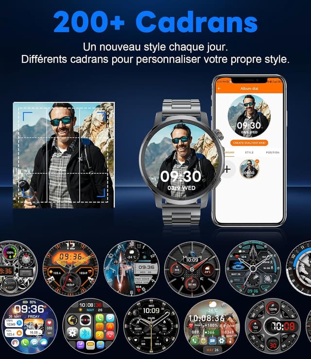 Detalle 2 de FEELNEVER Montre connectée homme EF19-E noire et orange : écran HD 1,85" + lampe LED + cardio et sommeil