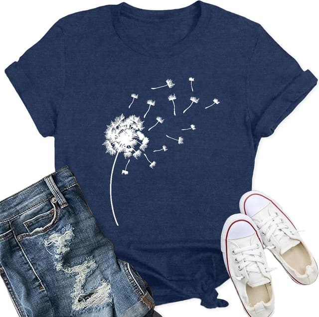 Detalle de Qskall women’s dandelion flower casual T-shirt (white print)