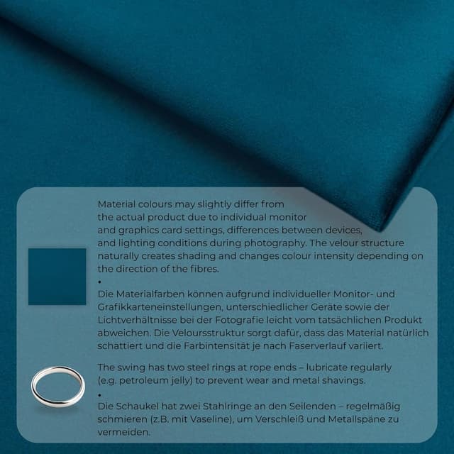 Detalle de Balançoire intérieure MAMOI avec ceinture de sécurité, hauteur réglable 150–190 cm et siège en velours