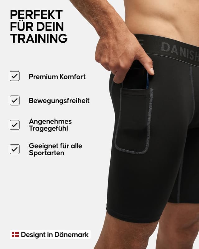 Detalle de DANISH ENDURANCE Kompressions Shorts Herren (2er Pack) – kurze Sporthose mit Taschen für Lauftraining & Fitness