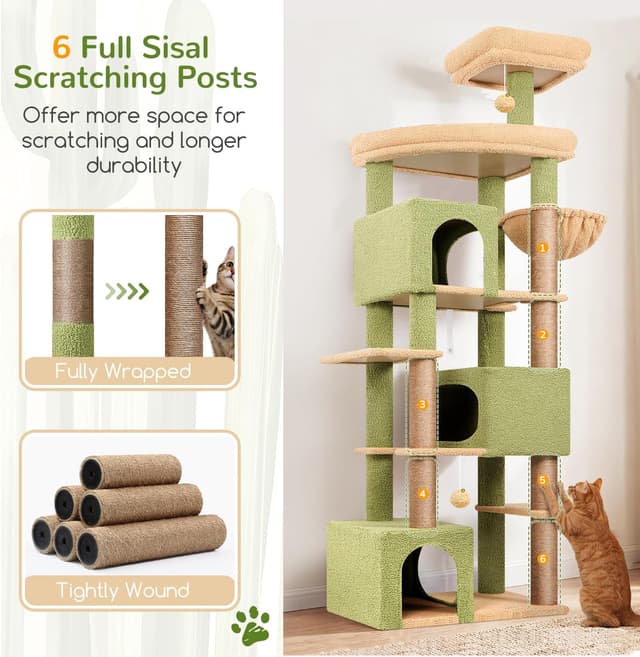 Detalle de Globlazer Tiragraffi per Gatti Cactus Verde XXL alto 203 cm con 3 grotte, piattaforma e 6 tiragraffi in sisal