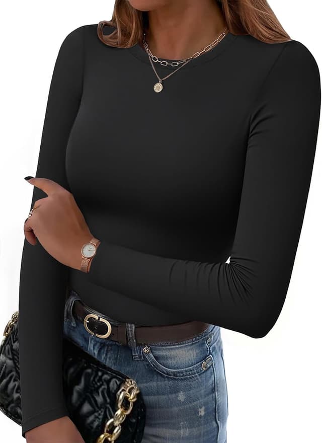 Detalle de Hotouch T-shirt manches longues femme col rond ajusté thermique en soie de lait, couleur unie (XS à XL)