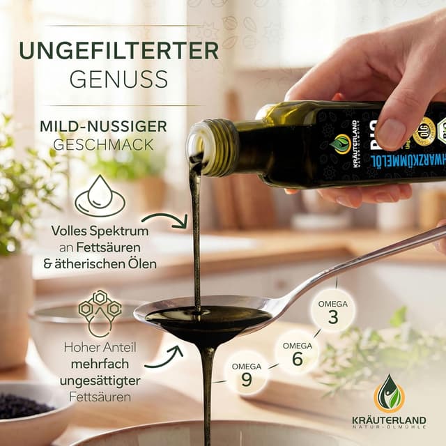 Detalle 2 de Kräuterland Schwarzkümmelöl Bio (500 ml) – kaltgepresst, ungefiltert, 1. Pressung