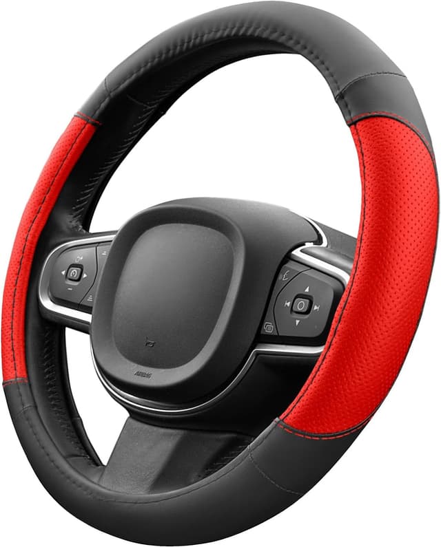 Detalle de Couvre-volant Upgrade4cars en simili cuir noir et rouge (taille universelle 37–38 cm)