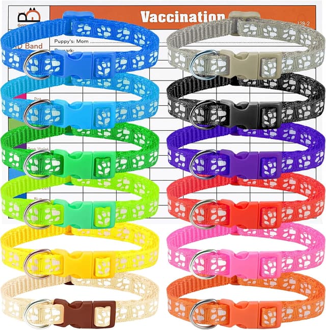 Detalle de GAMUDA Puppy Whelping Collar Set – Soft Nylon Adjustable ID Bands with Paw Print Pattern, Safety Buckle & Record Charts