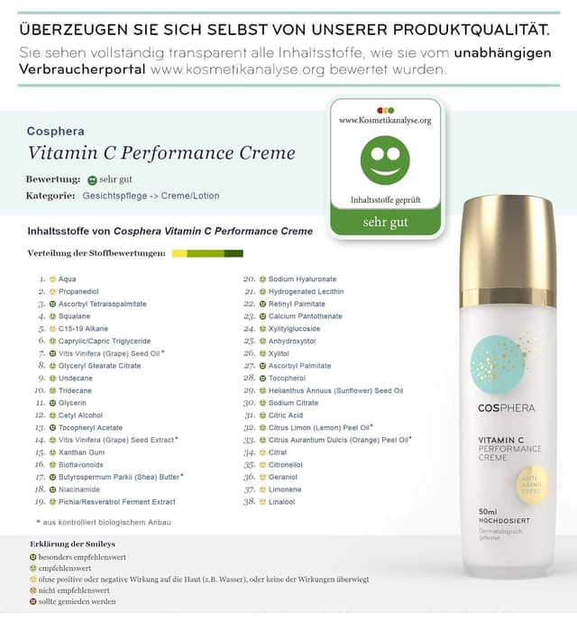 Detalle de Cosphera Vitamin C Performance Creme 50 ml mit Hyaluronsäure – vegane Tages- und Nachtcreme