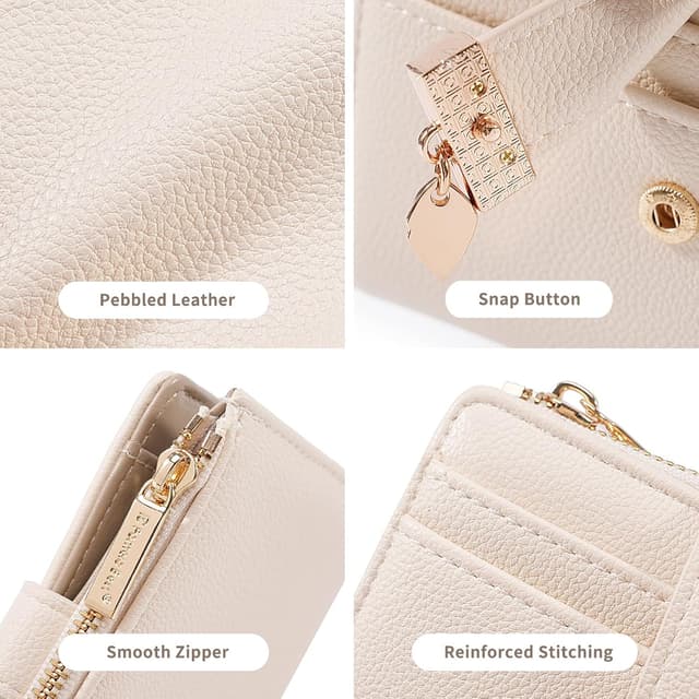 Detalle de Pomelo Best women’s RFID wallet (beige) – vegan leather bi-fold with zip coin pocket & ID window