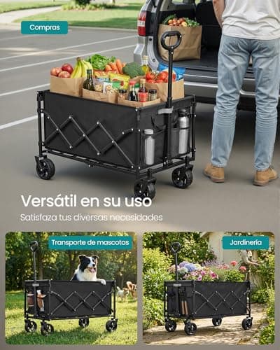 Detalle 1 de SONGMICS GFW150BH01 carro de mano plegable de jardín negro con 4 ruedas reforzadas (hasta 150 kg)