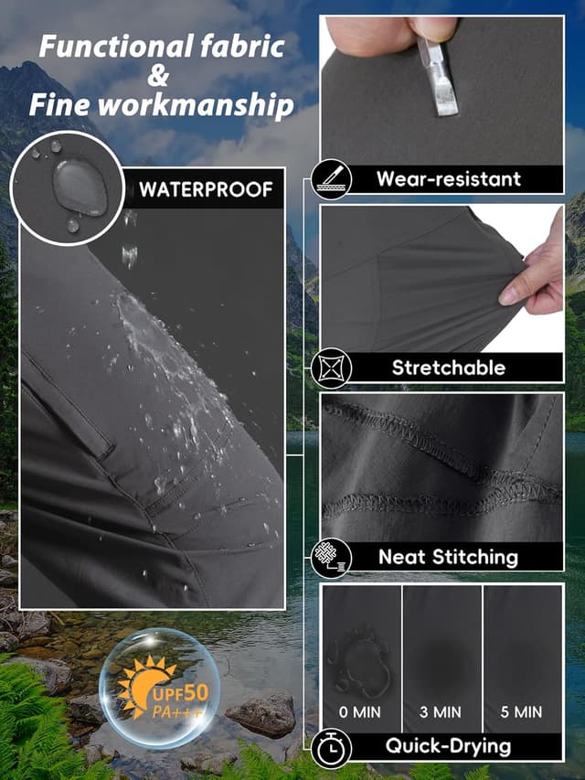 Detalle de Men’s Lightweight Cargo Hiking Pants (6 Pockets) — Nylon Stretch Waterproof Quick-Dry Travel Workwear