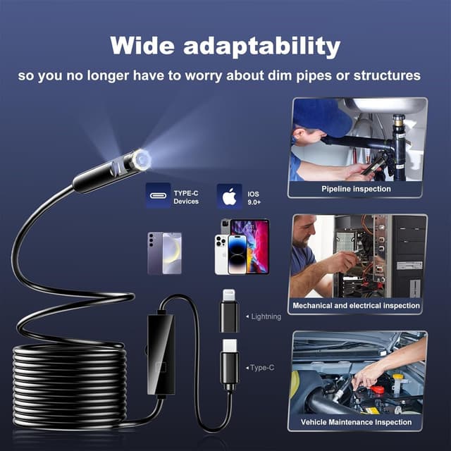 Detalle de Dual-Lens Endoscope Inspection Camera with Lights (1920P HD) and Semi-Rigid Snake Lens – UseePlus-style app support