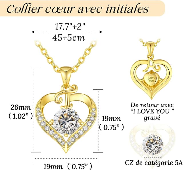 Detalle de Collier personnalisé LOUISA SECRET avec initiales en capitales et pendentif cœur d’amour, plaqué or 18K
