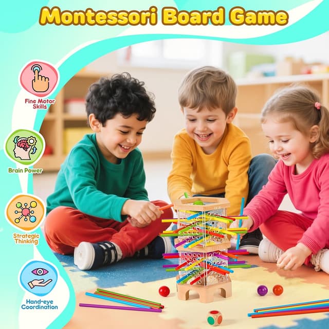 Detalle de Montessori Spiel Holz – Würfelspiele mit 42 bunten Holzstäbchen (ab 3 Jahren) für Feinmotorik & Familienrunden