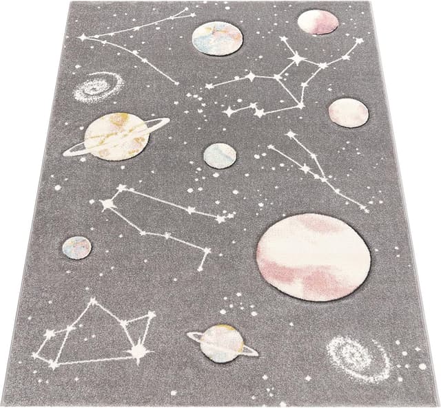 Detalle de Paco Home Kinder-Teppich 140x200 cm – Spielteppich mit Planeten und Sternen in Grau