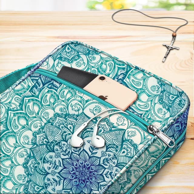 Detalle de FINPAC Étui de protection pour Bible taille standard avec poignée et poche zippée – Emerald Illusions