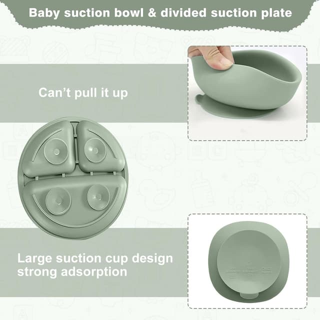 Detalle de CUBTEM Baby Geschirrset (12-teilig) – Kindergeschirr mit Babylöffel, Trinklernbecher, Saugnapf & Silikon-Lätzchen