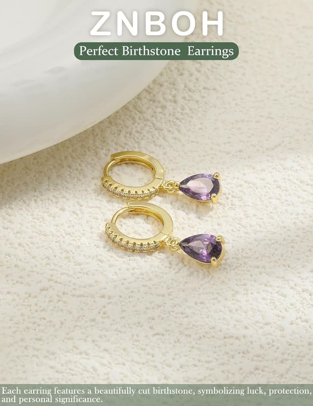 Thumbnail 6 de ZNBOH Geburtsstein-Ohrringe goldfarben (18K vergoldet) mit Zirkonia-Anhänger – hängende Damen-Creolen