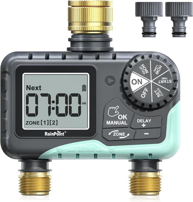 Detalle de RAINPOINT Centralina irrigazione 2 vie con ingresso e uscita in ottone e timer automatico IP65