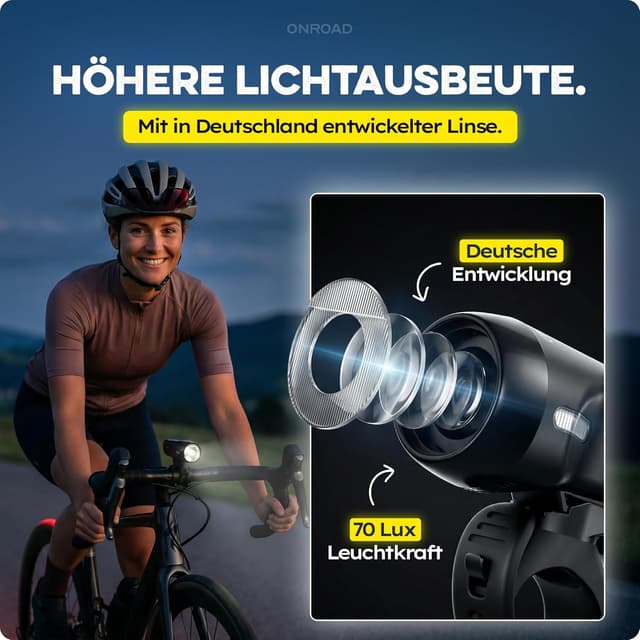 Detalle de XENOX ONROAD Fahrradlicht vorne mit automatischer Lichtanpassung, 70 Lux und USB‑C