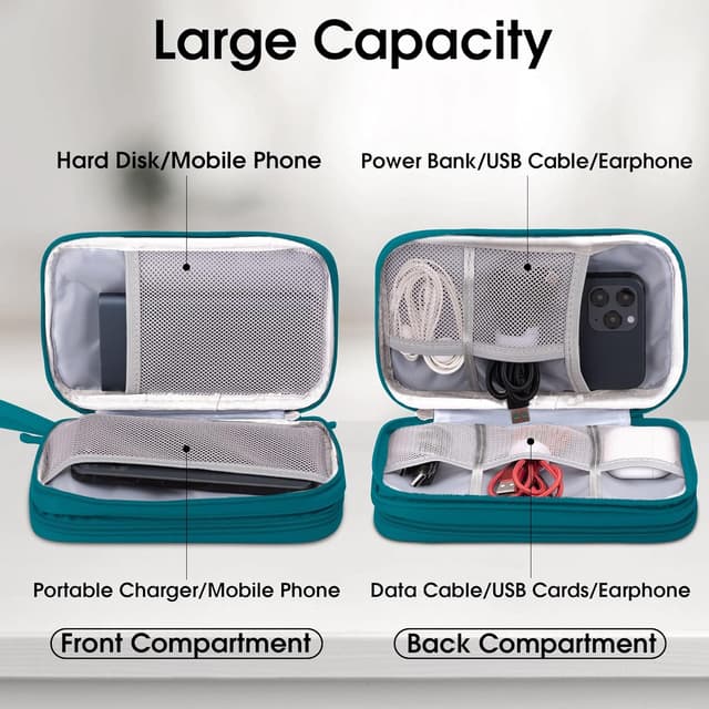 Detalle de Arae Electronic Accessories Organizer Travel Cable Bag (Double-Layer Storage) – Dark Green, M