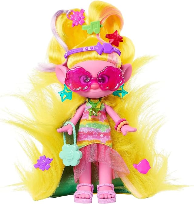 Detalle de Mattel Trolls 3 Viva muñeca pelo amarillo +15 accesorios