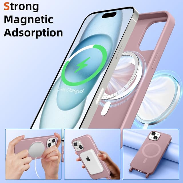 Detalle de Custodia magnetica Coiwxmoi per iPhone 15 Plus con cordino regolabile e compatibilità MagSafe, rosa
