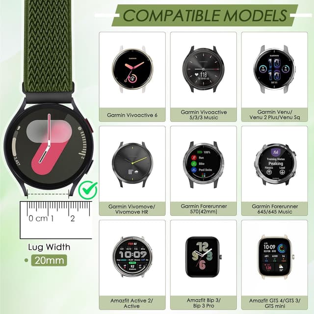 Detalle de Relting 4-Pack 20mm Elastic Nylon Watch Bands with Quick Release Pins (Compatible with Garmin & Amazfit)