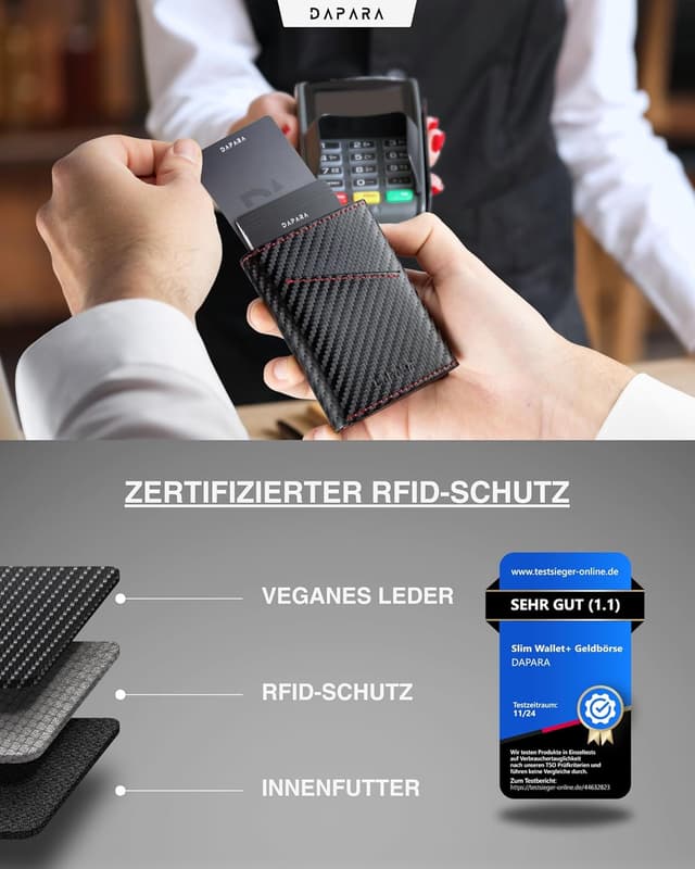 Detalle de DAPARA Herren-Geldbörse Slim Wallet Carbon Red 2 mit RFID-Schutz (für 13 Karten)