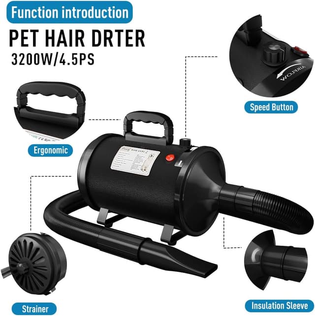 Detalle 2 de Blanlody Dog Hair Dryer Blaster 3200W Pet Grooming Dryer with 4 Nozzles, Low Noise & Temperature Control
