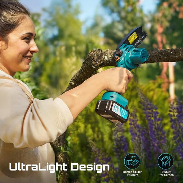 Detalle de SEESII Mini Kettensäge mit Akku (8000 mAh, 6 Zoll) inkl. automatischer Kettenschmierung und Ersatzkette