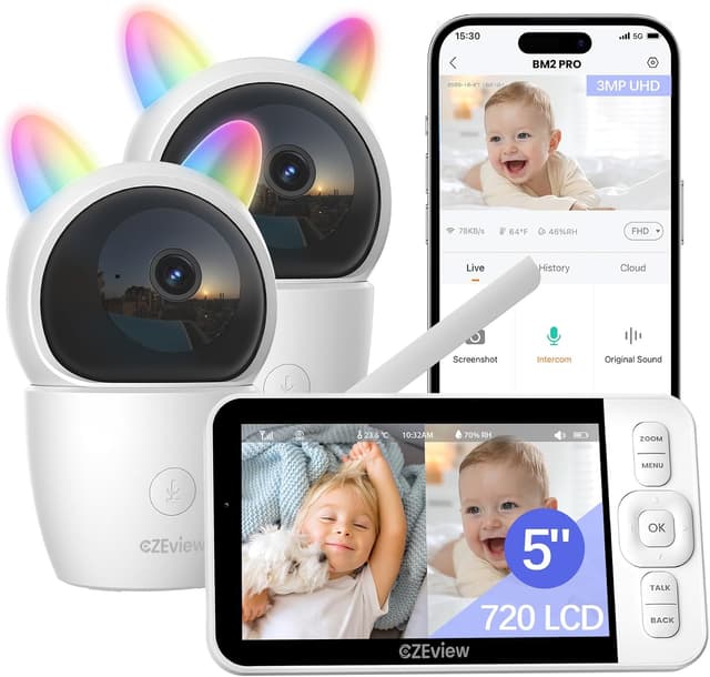 Detalle de CZEview Babyphone mit Kamera (2K, 5,0" HD, WLAN-App), 360° & Nachtsicht – mit Temperaturanzeige (Schwarz/Weiß, 2 Kamera)