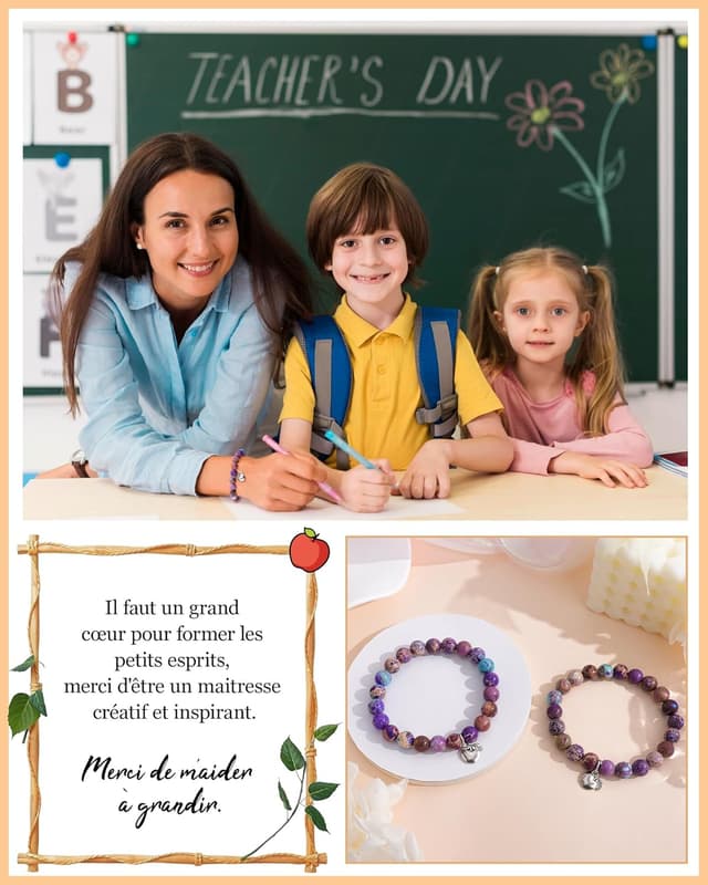Detalle de SUNSH Cadeau Maîtresse : lot de 2 bracelets en pierre (pomme) avec cartes et pochons