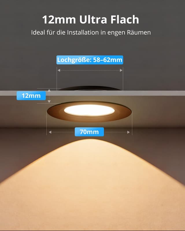 Detalle de Gr4tec 6er Set 12V LED Einbaustrahler Schwarz, 3W, dimmbar (3000K, 240 lm) – Ultra Slim 12 mm, IP44