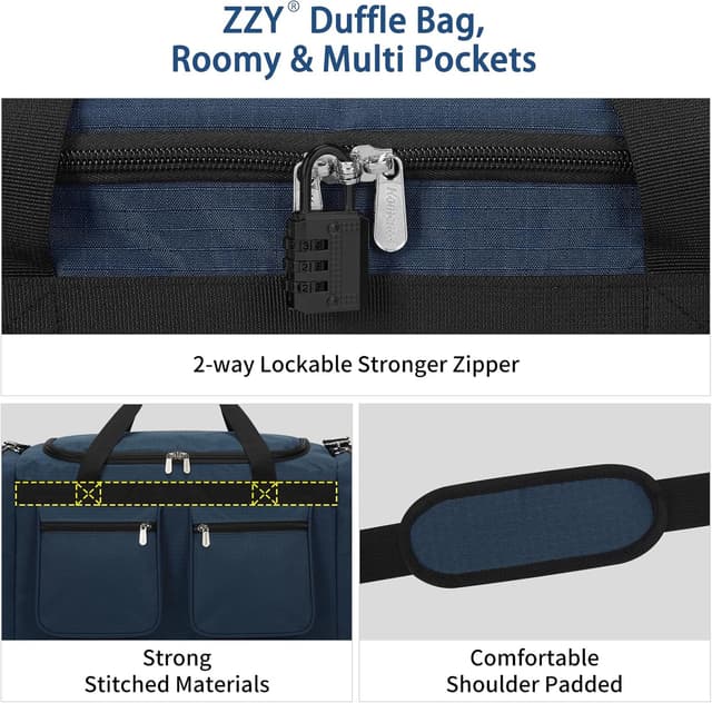 Detalle 2 de ZZY Men’s 55L Gym Bag Sports Duffle with Lockable Zipper (24 inch) – Navy Blue