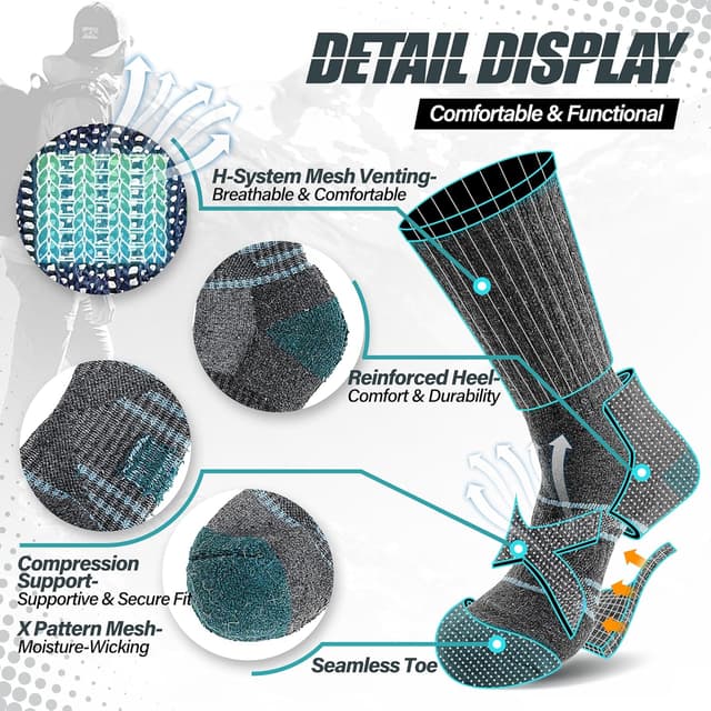 Detalle 2 de ANTSANG Merino Wool Walking & Hiking Socks (5-pack) – warm, cushioned moisture-wicking boot socks