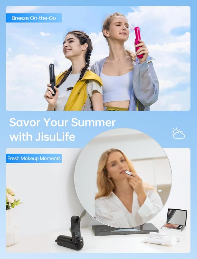 Detalle de JISULIFE Mini Handventilator 3‑in‑1 mit USB-Ladung, Powerbank & Taschenlampe