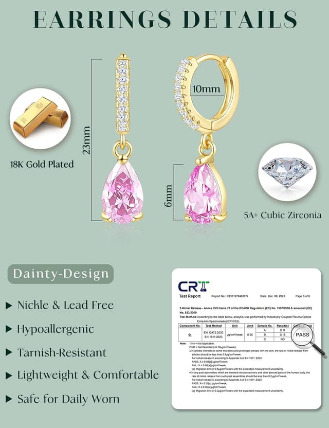 Detalle de ZNBOH orecchini pendenti donna oro placcato 18K anallergici con zirconi e pietra di nascita