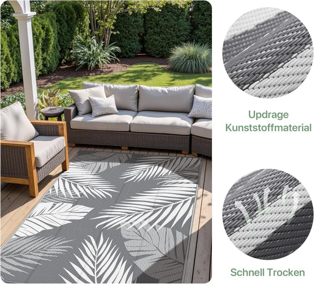 Detalle de GENIMO Outdoor Rug 120x180cm – Waterproof Reversible Garden Carpet (Grey & White)