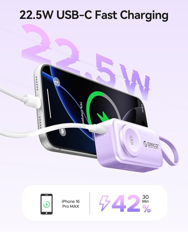 Detalle de ORICO Mini Power Bank 5000 mAh (PD 22,5 W) avec USB-C pliable et câble intégré, violet