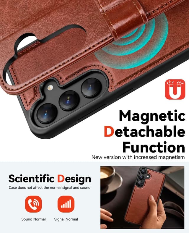 Detalle de OCASE 2in1 Hülle für Samsung Galaxy S25 Plus mit abnehmbarem magnetischem Cover, Kartenfach & RFID-Schutz (braun)