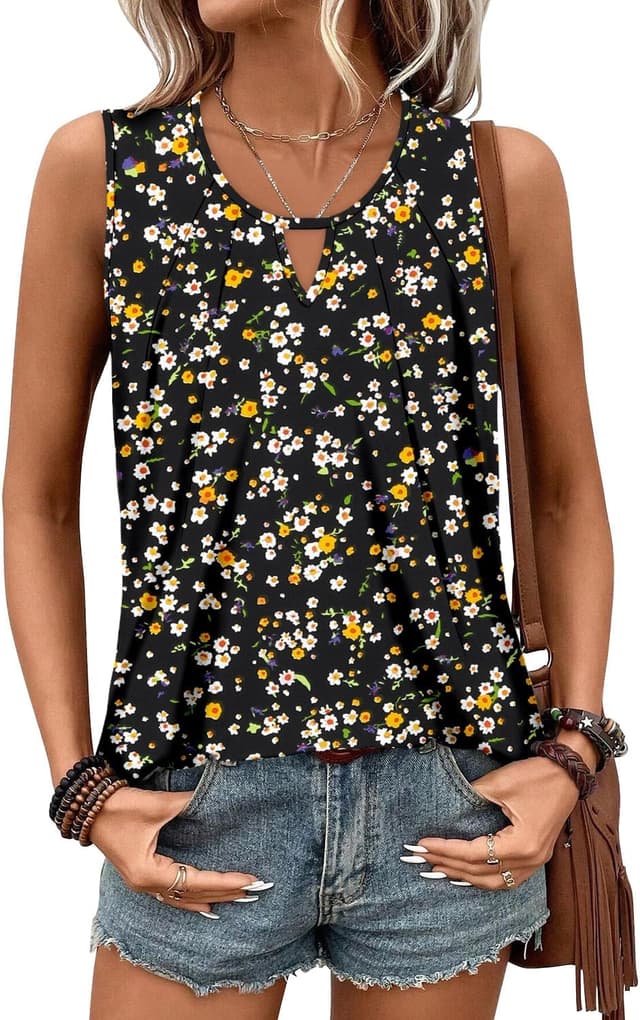 Detalle de KISSMODA womens sleeveless summer crew neck tank tops (loose pleated cami tunic)