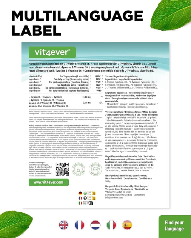 Detalle 2 de vit4ever L-Tyrosin Pulver 500 g – 333 Portionen, vegan, ohne Zusatzstoffe