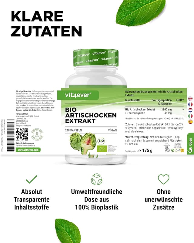 Detalle 1 de Bio Artischocken Extrakt 240 Kapseln 1800 mg je Tagesdosis