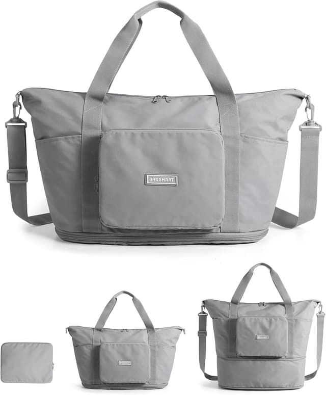 Detalle de BAGSMART faltbare Reisetasche 37L – leichte Sporttasche & Weekender mit Stauraum und Fächer-Setup (Grau)